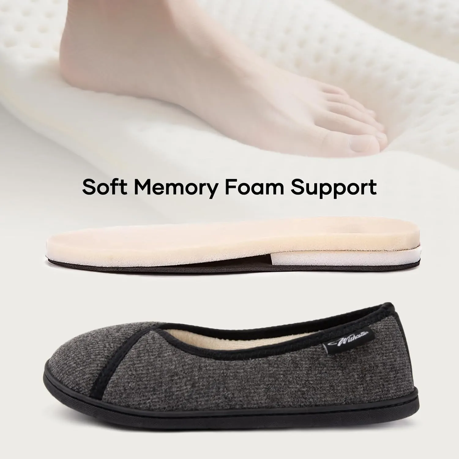 Wishcotton Women's Comfy Memory Foam ballerina House shoes, Women's Lightweight Loafer Slippers with Closed Back Indoor Outdoor