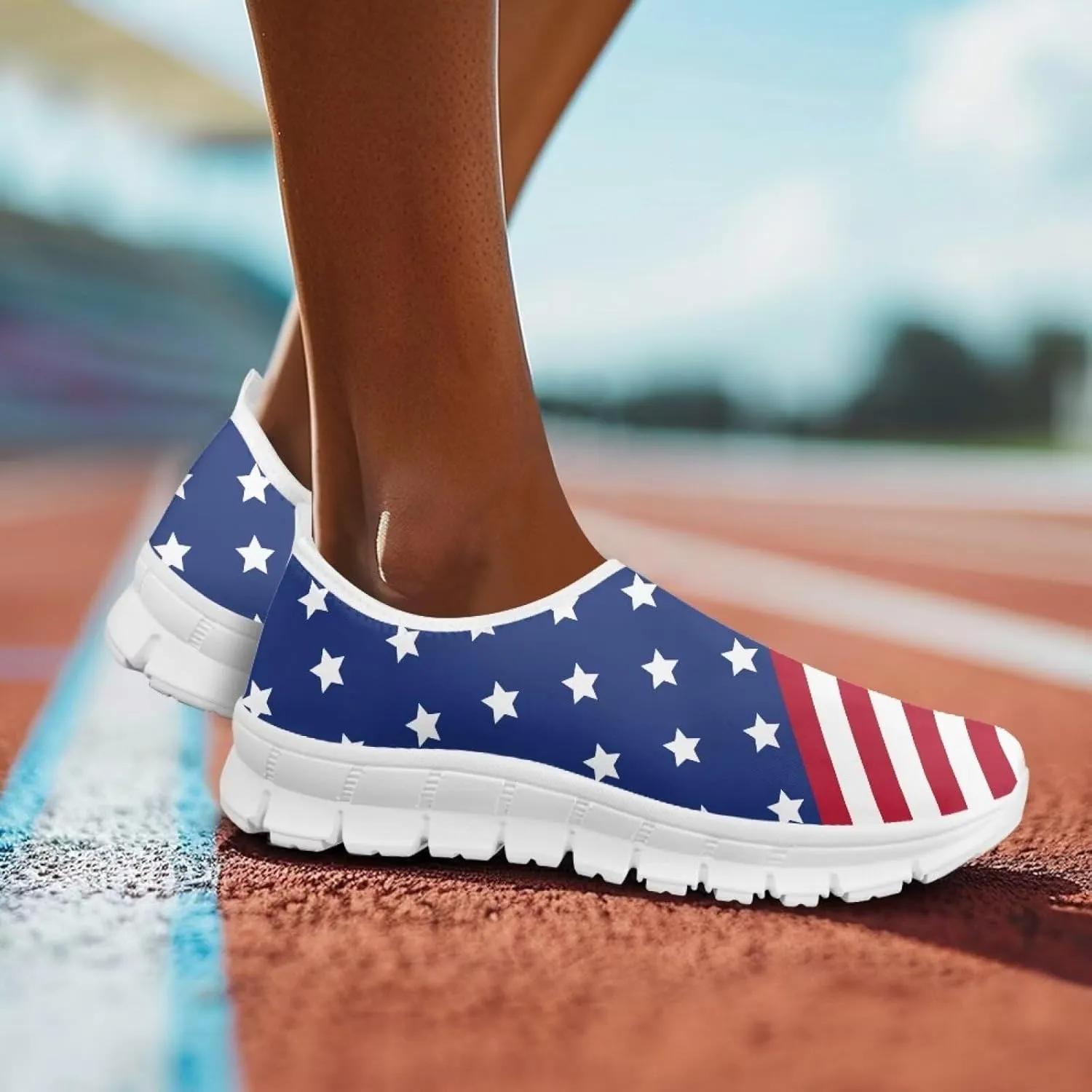 Women's American Flag Sneaker Slip On Low Top Soft Casual Breathable Mesh Outdoor Lightweight Flat Walking Sneaker