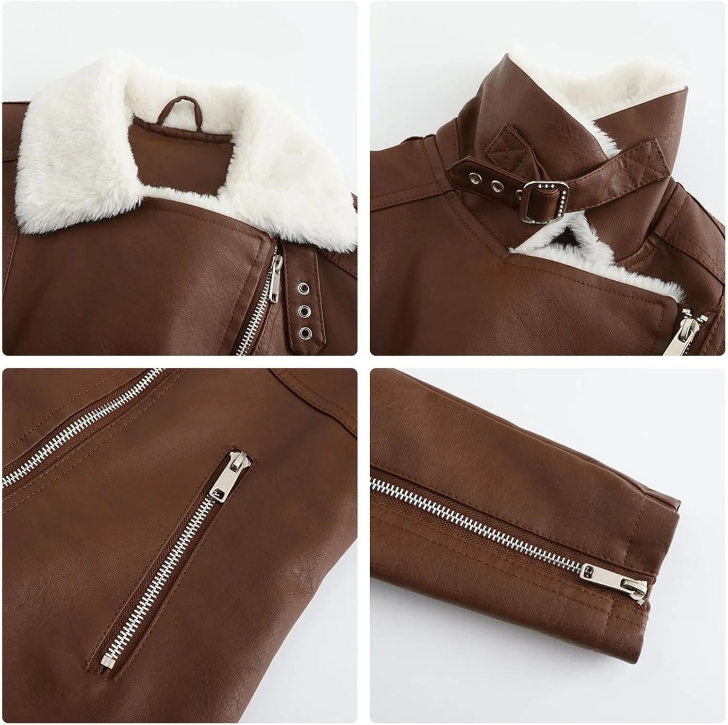 Women's Brown Aviator Shearling Leather Jacket, Winter Warm Bomber Flight Pilot Coat With Faux Fur Lining