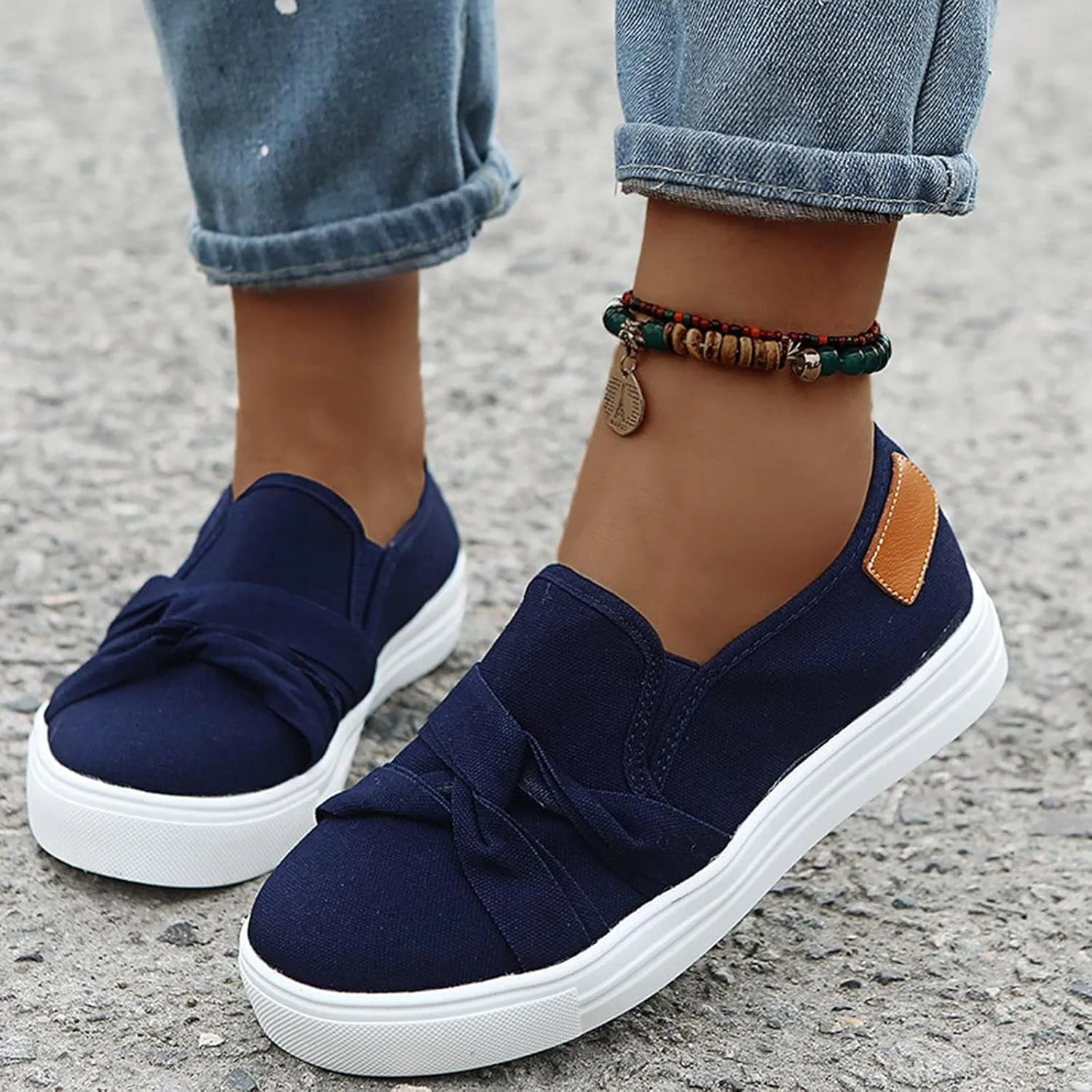 Women's Canvas Shoes Fashion Bow Tie Loafer Flats Summer Comfortable Slip On Sneakers Lightweight Low Top Flat Walking Shoes