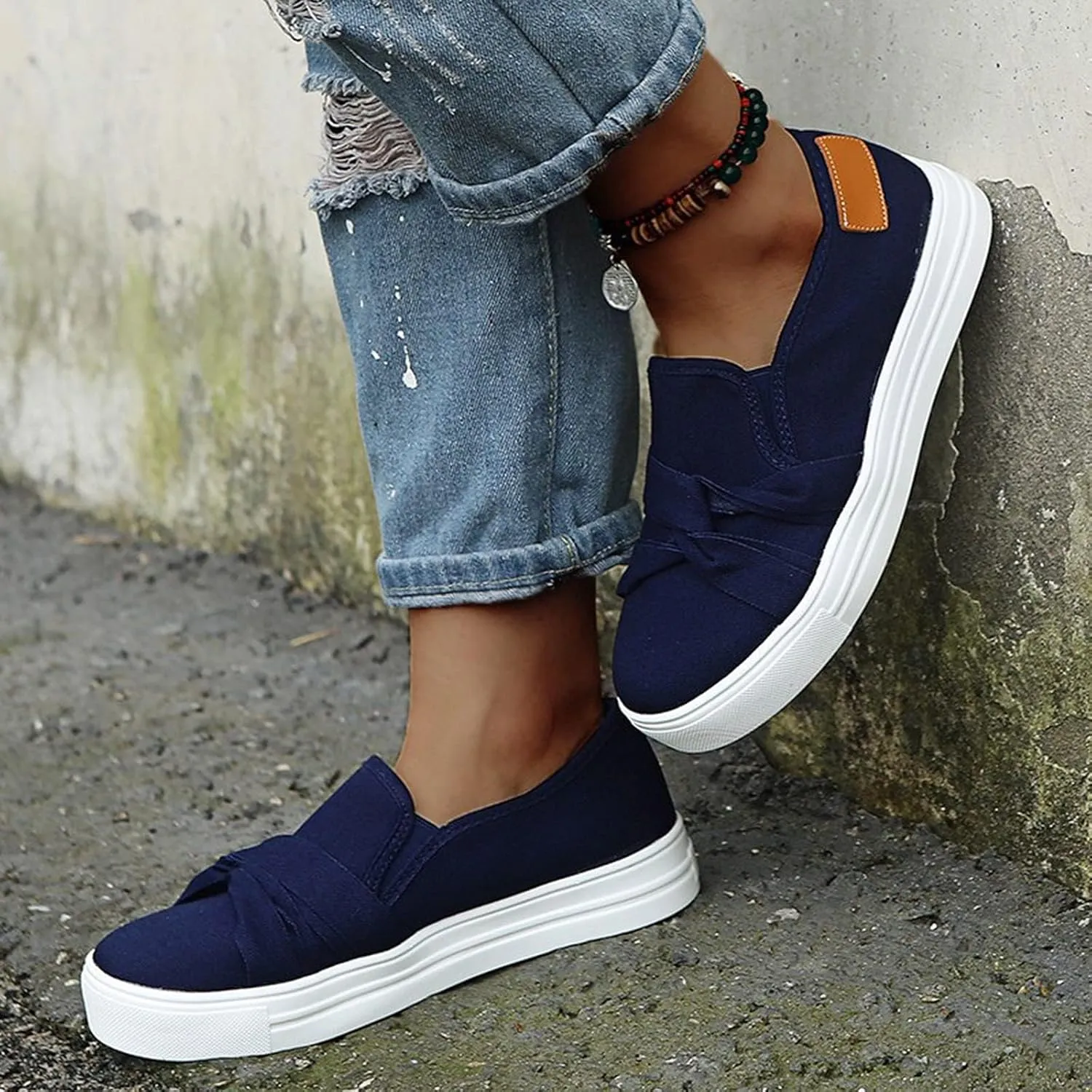 Women's Canvas Shoes Fashion Bow Tie Loafer Flats Summer Comfortable Slip On Sneakers Lightweight Low Top Flat Walking Shoes