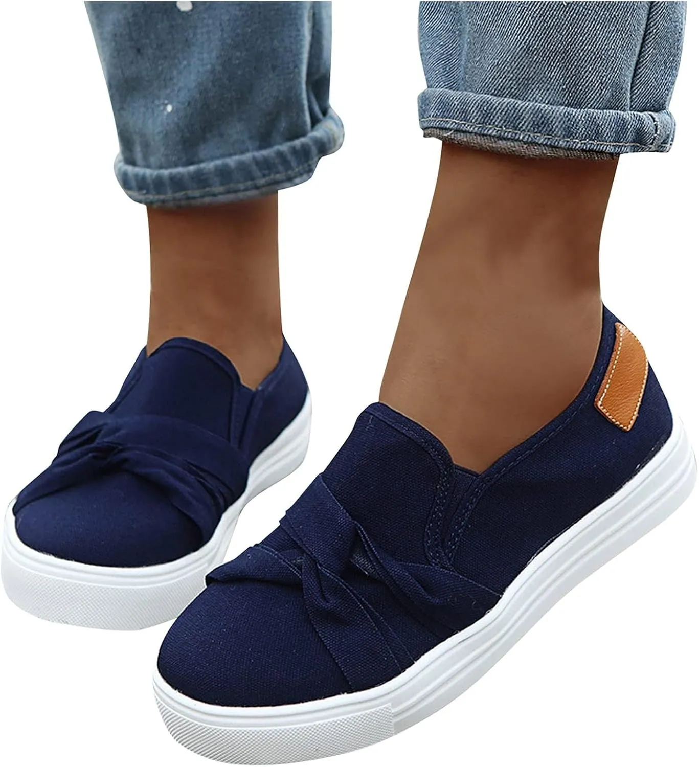 Women's Canvas Shoes Fashion Bow Tie Loafer Flats Summer Comfortable Slip On Sneakers Lightweight Low Top Flat Walking Shoes