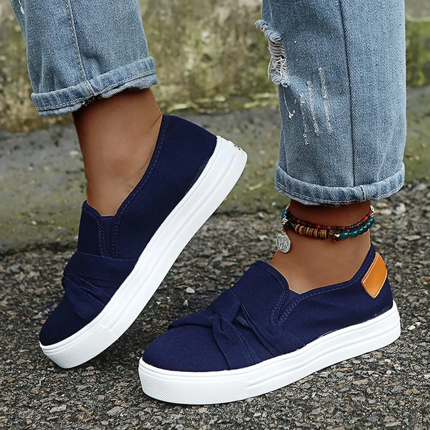 Women's Canvas Shoes Fashion Bow Tie Loafer Flats Summer Comfortable Slip On Sneakers Lightweight Low Top Flat Walking Shoes
