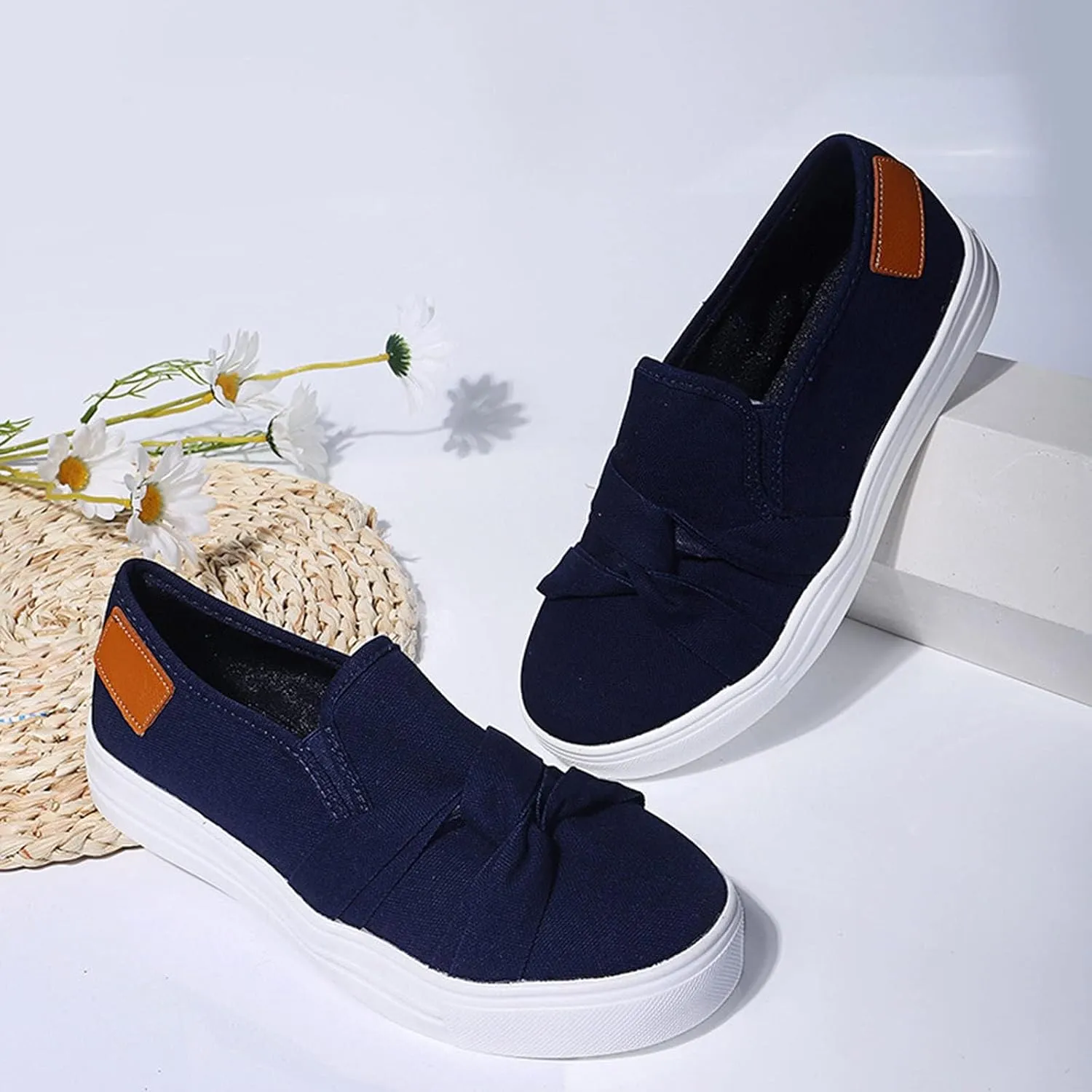 Women's Canvas Shoes Fashion Bow Tie Loafer Flats Summer Comfortable Slip On Sneakers Lightweight Low Top Flat Walking Shoes