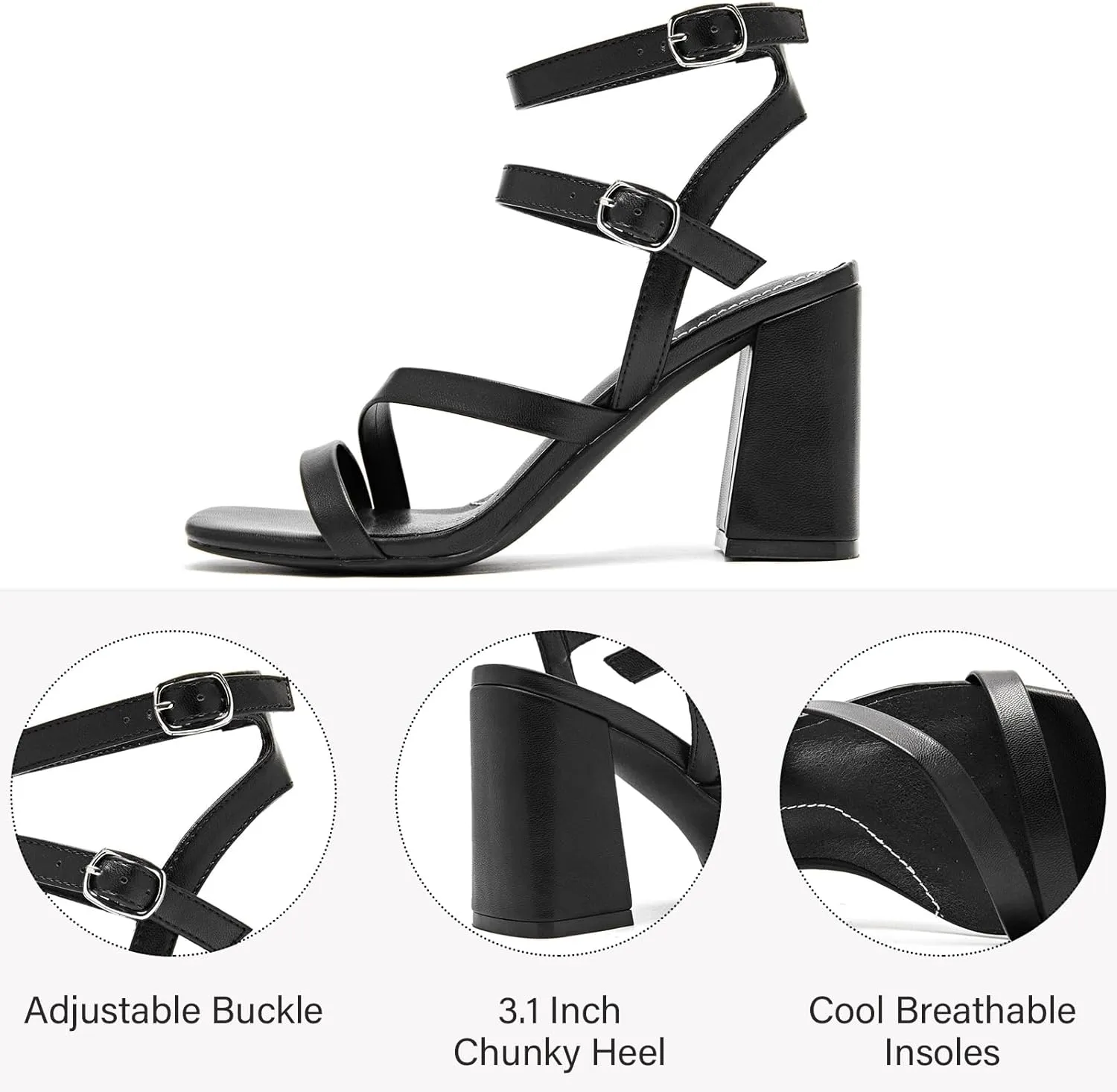 Women's Chunky Heeled Sandals - Square Open Toe Ankle Strappy Dressy Pump Heels Wedding Party Shoes for Women.