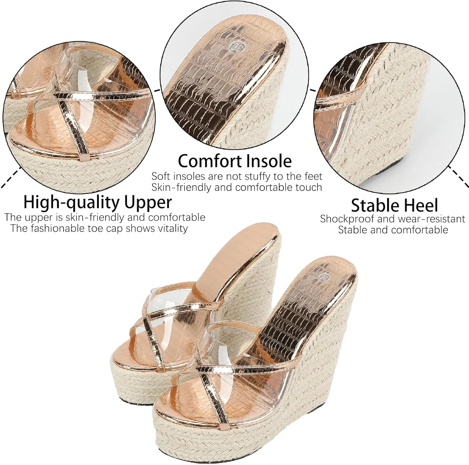 Women's Clear Leather Strappy Espadrille Wedge Slides Sandals Sexy Comfortable Open Round Toe Slip On Chunky Platform Slippers Summer Outdoor Party Dating Dress Sandals