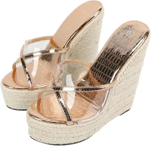 Women's Clear Leather Strappy Espadrille Wedge Slides Sandals Sexy Comfortable Open Round Toe Slip On Chunky Platform Slippers Summer Outdoor Party Dating Dress Sandals