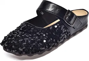 Women's Closed Round Toe Flat Slip-ons Mulle Sandals Personality Glitter Sequin Adjustable Strap Buckle Mary Jane Clogs Casual Backless Loafers