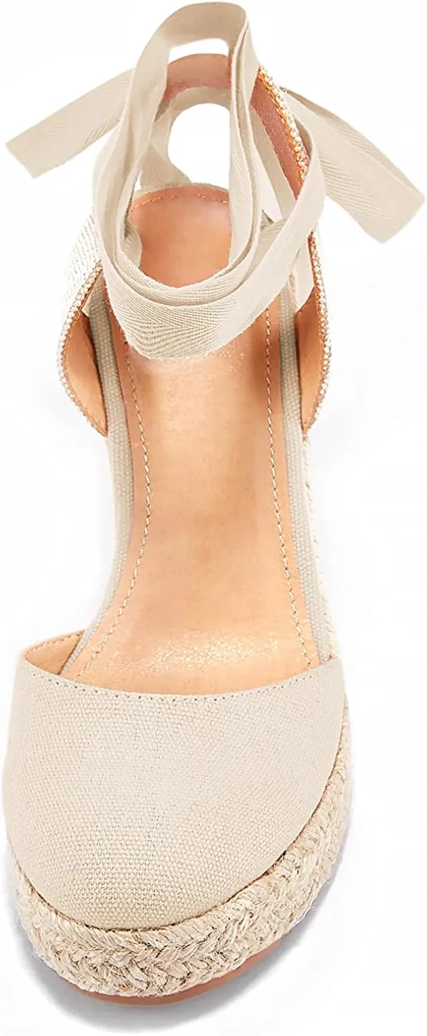 Women's Espadrille Wedge Sandals Closed Toe Lace Up Platform Ankle Wrap Summer Casual Shoes