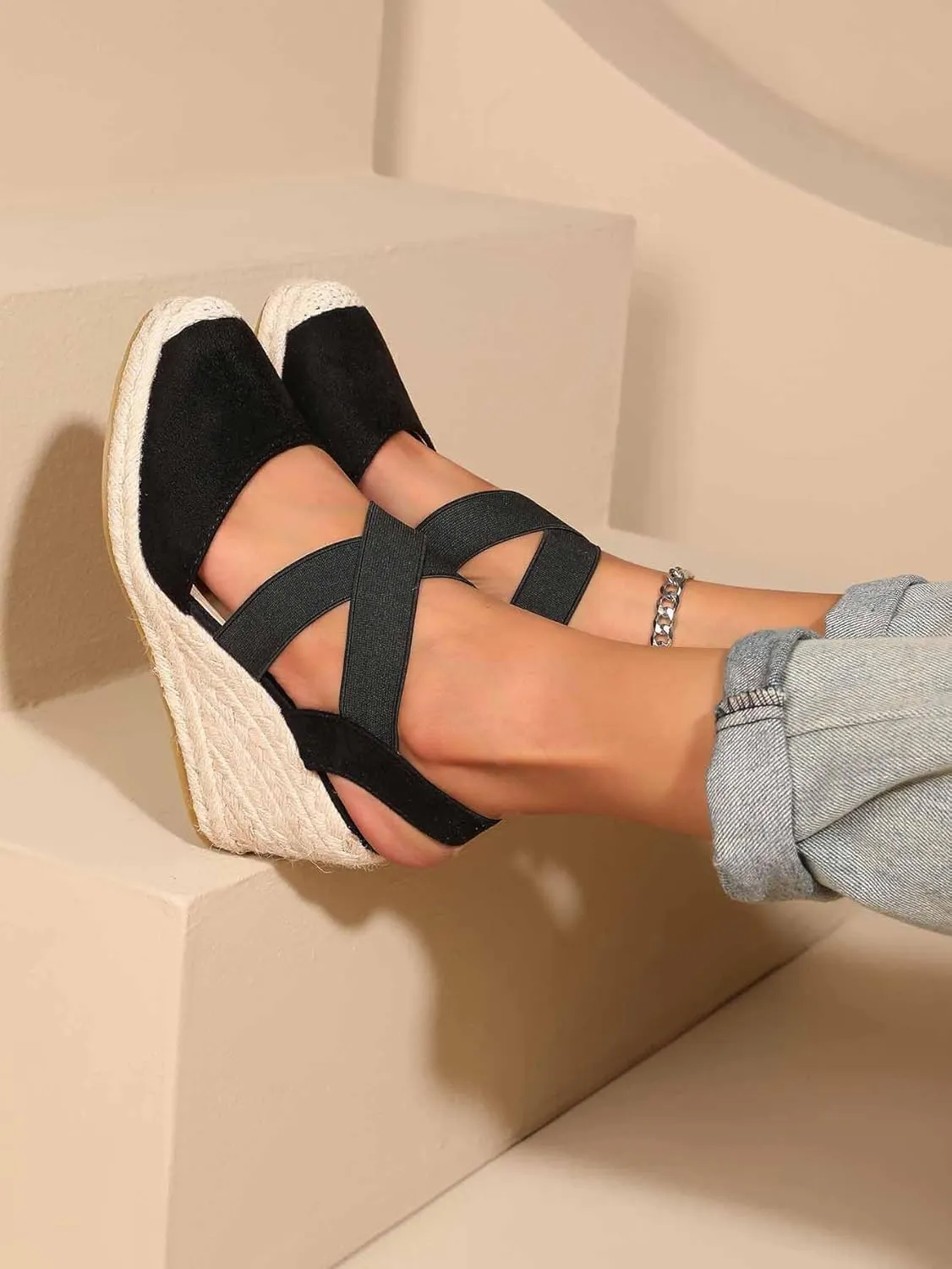 Womens Espadrille Wedge Sandals - Soft Closed Toe, Cross-Strap Slip-Ons with Pillow-Soft Comfort - Fashionable Casual Outdoor Shoes for All-Day Wear - Breathable Fabric Upper, Trendy Wedge Design TDL2D