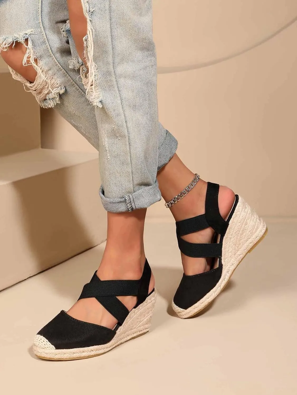 Womens Espadrille Wedge Sandals - Soft Closed Toe, Cross-Strap Slip-Ons with Pillow-Soft Comfort - Fashionable Casual Outdoor Shoes for All-Day Wear - Breathable Fabric Upper, Trendy Wedge Design TDL2D