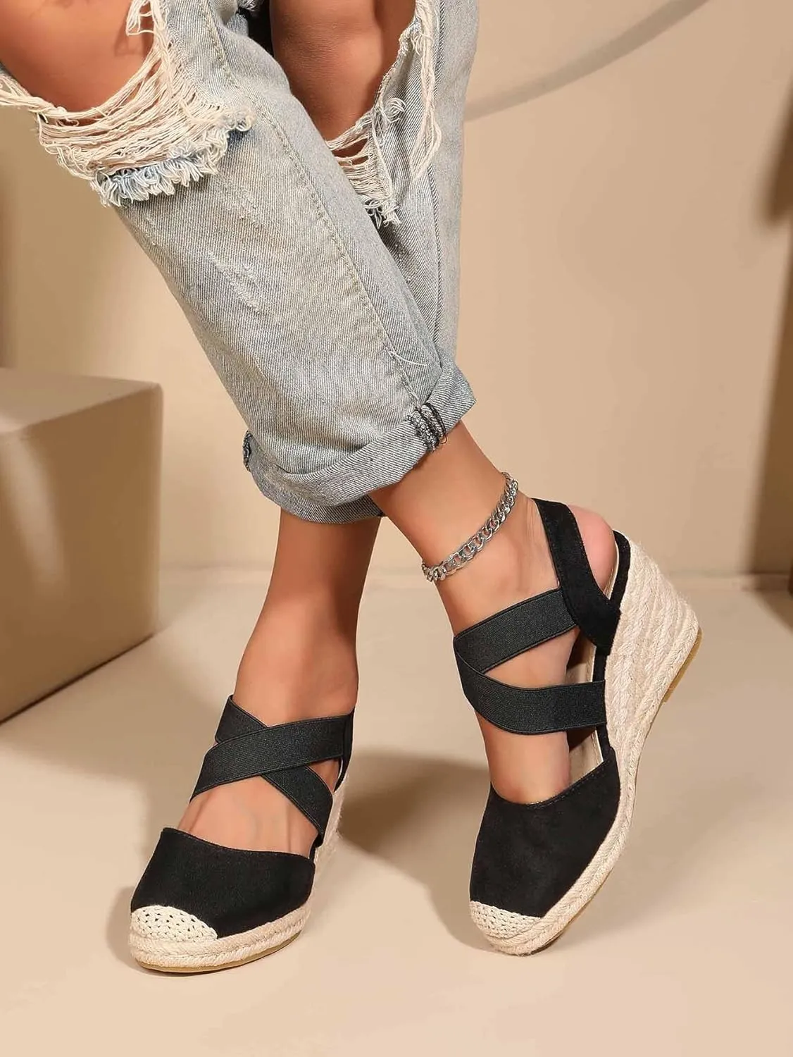 Womens Espadrille Wedge Sandals - Soft Closed Toe, Cross-Strap Slip-Ons with Pillow-Soft Comfort - Fashionable Casual Outdoor Shoes for All-Day Wear - Breathable Fabric Upper, Trendy Wedge Design TDL2D