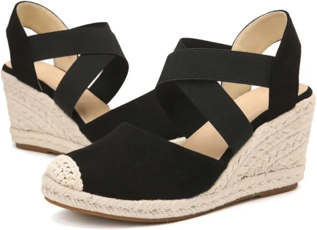 Womens Espadrille Wedge Sandals - Soft Closed Toe, Cross-Strap Slip-Ons with Pillow-Soft Comfort - Fashionable Casual Outdoor Shoes for All-Day Wear - Breathable Fabric Upper, Trendy Wedge Design TDL2D