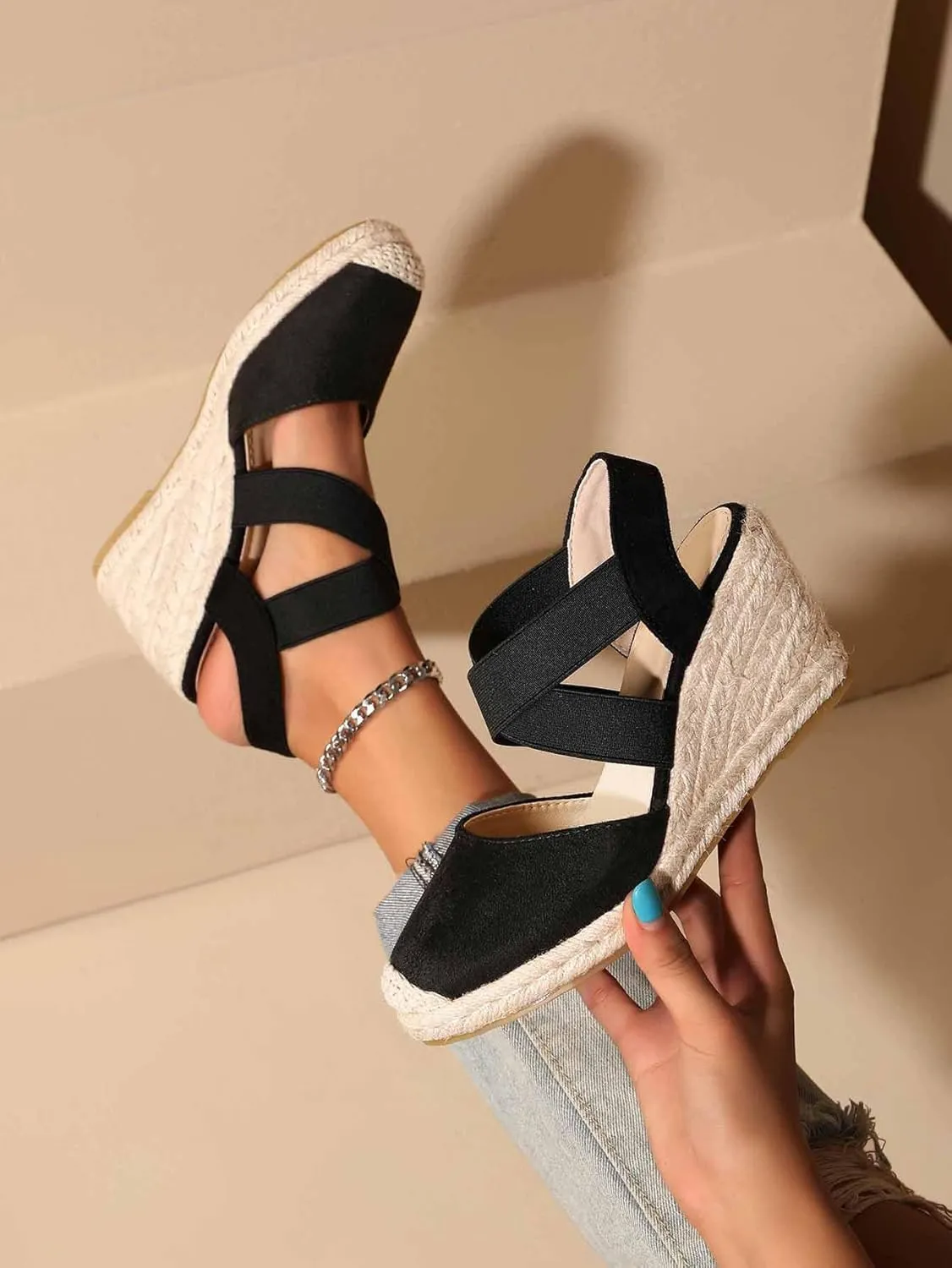 Womens Espadrille Wedge Sandals - Soft Closed Toe, Cross-Strap Slip-Ons with Pillow-Soft Comfort - Fashionable Casual Outdoor Shoes for All-Day Wear - Breathable Fabric Upper, Trendy Wedge Design TDL2D