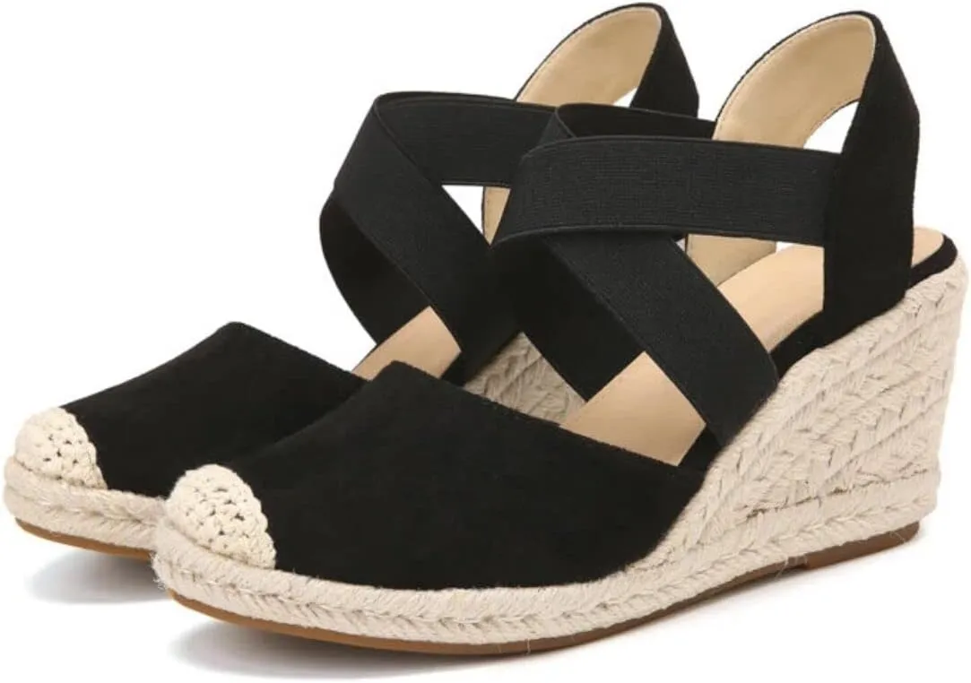 Womens Espadrille Wedge Sandals - Soft Closed Toe, Cross-Strap Slip-Ons with Pillow-Soft Comfort - Fashionable Casual Outdoor Shoes for All-Day Wear - Breathable Fabric Upper, Trendy Wedge Design TDL2D