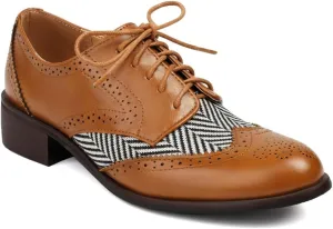 Women's Flat Low Heel Saddle Oxford Shoes Two Toned Wingtip Perforated Lace Up School Uniform Oxfords Brogues