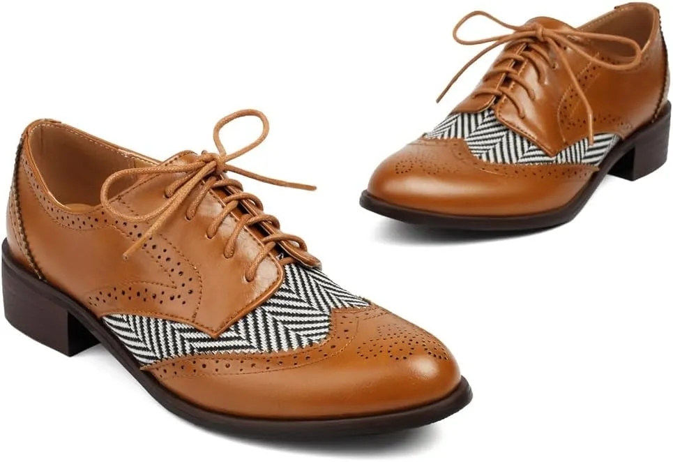Women's Flat Low Heel Saddle Oxford Shoes Two Toned Wingtip Perforated Lace Up School Uniform Oxfords Brogues