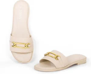 Womens Flat Sandals Round Open Toe Slip On Leather Slides for Summer