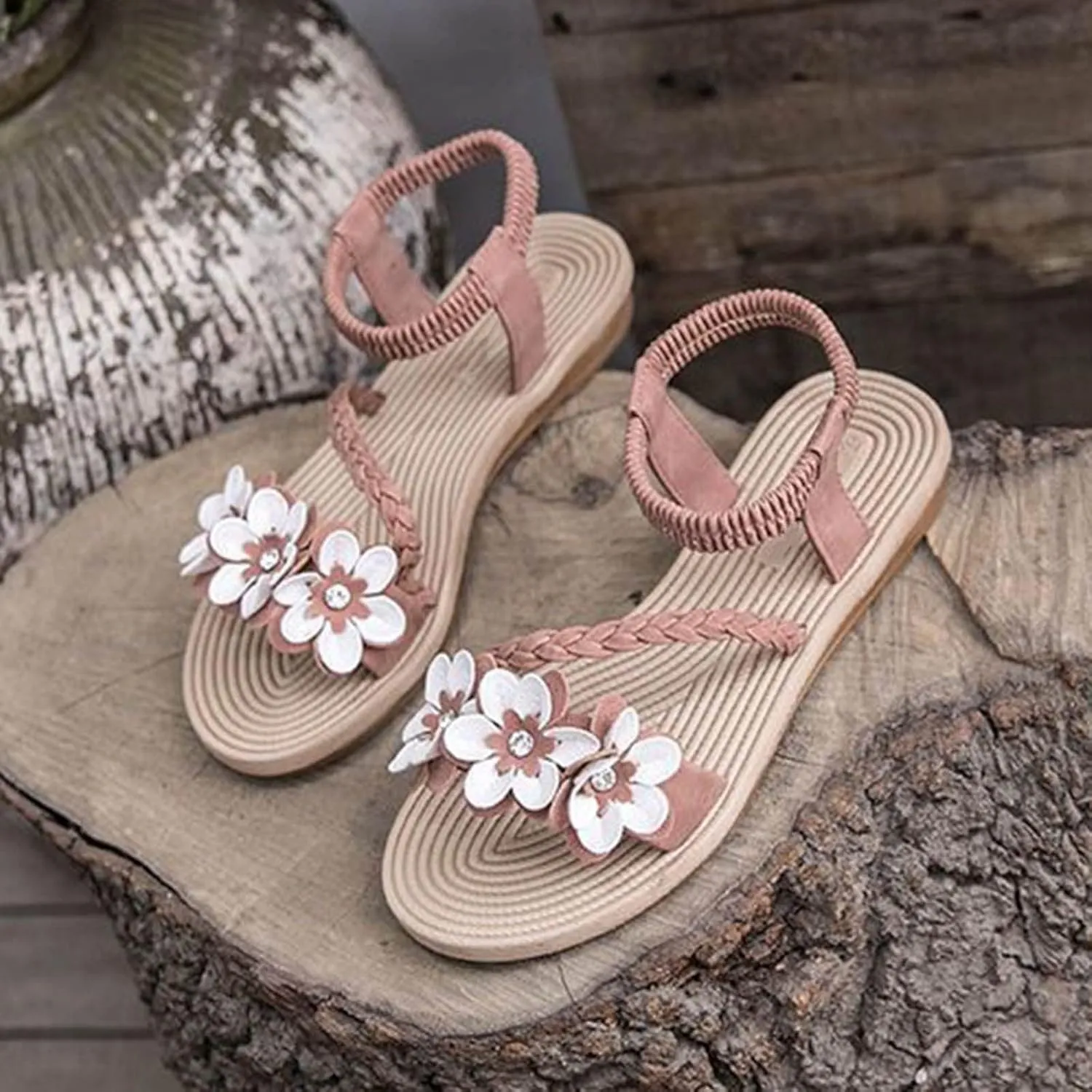 Women's Floral Embellished Solid Sandal Braided High Elastic Trendy Flat Stretch Ankle Strappy Sandals Open Toe Shoe
