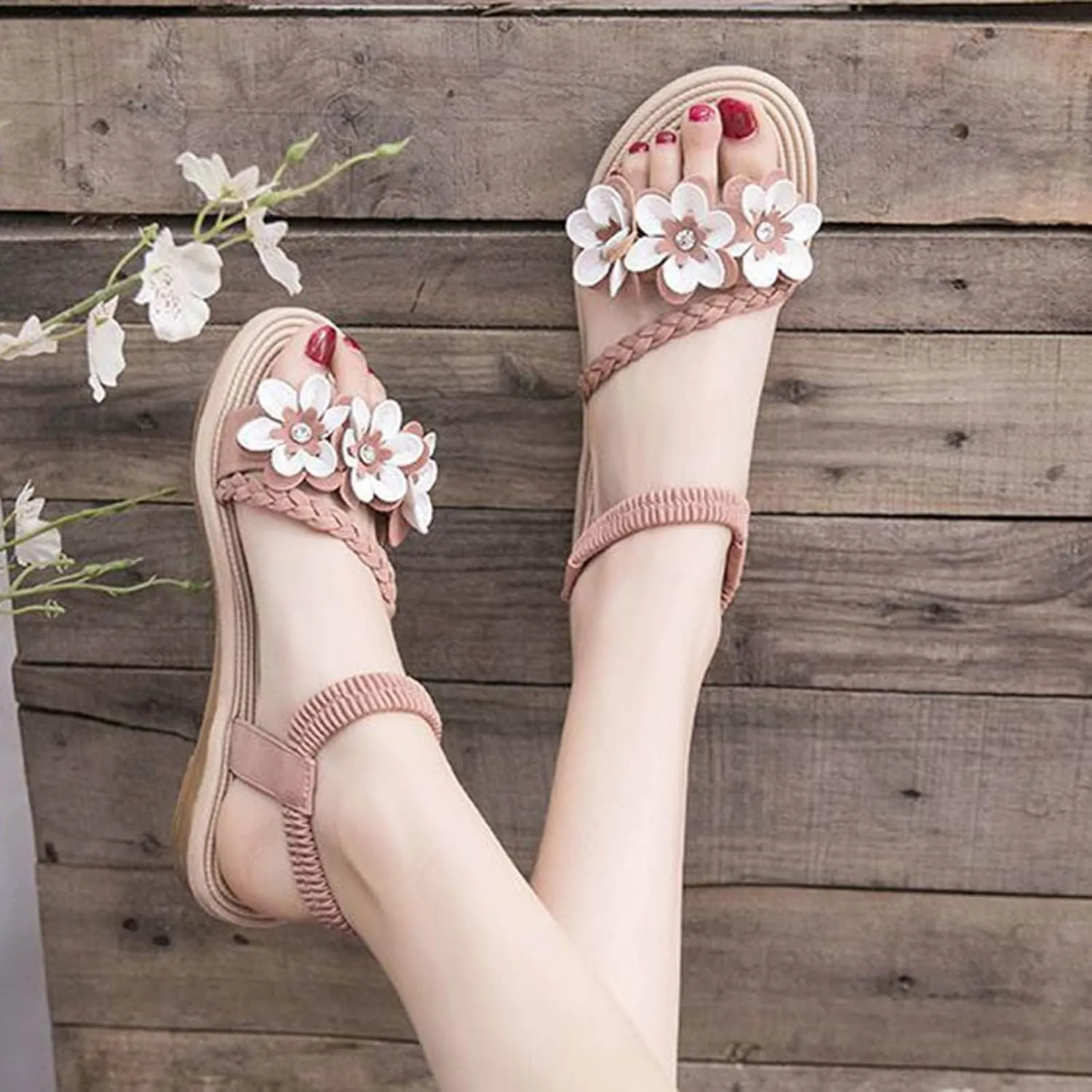 Women's Floral Embellished Solid Sandal Braided High Elastic Trendy Flat Stretch Ankle Strappy Sandals Open Toe Shoe