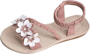 Women's Floral Embellished Solid Sandal Braided High Elastic Trendy Flat Stretch Ankle Strappy Sandals Open Toe Shoe