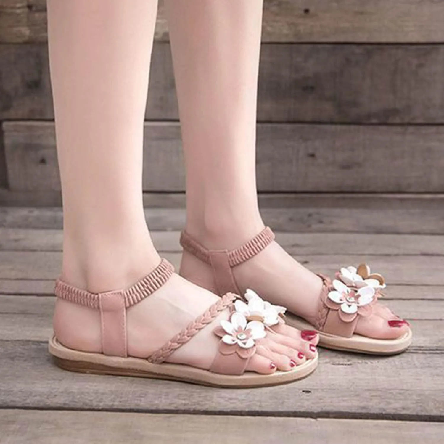 Women's Floral Embellished Solid Sandal Braided High Elastic Trendy Flat Stretch Ankle Strappy Sandals Open Toe Shoe