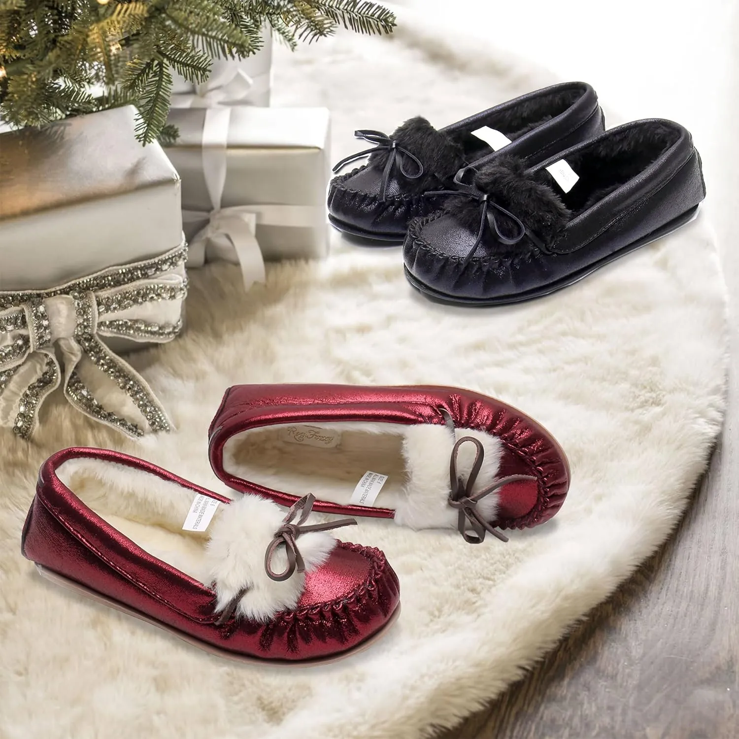 Women's Glitter Moccasin Slipper Faux Fur Lined Winter Slip On Loafer House Shoes
