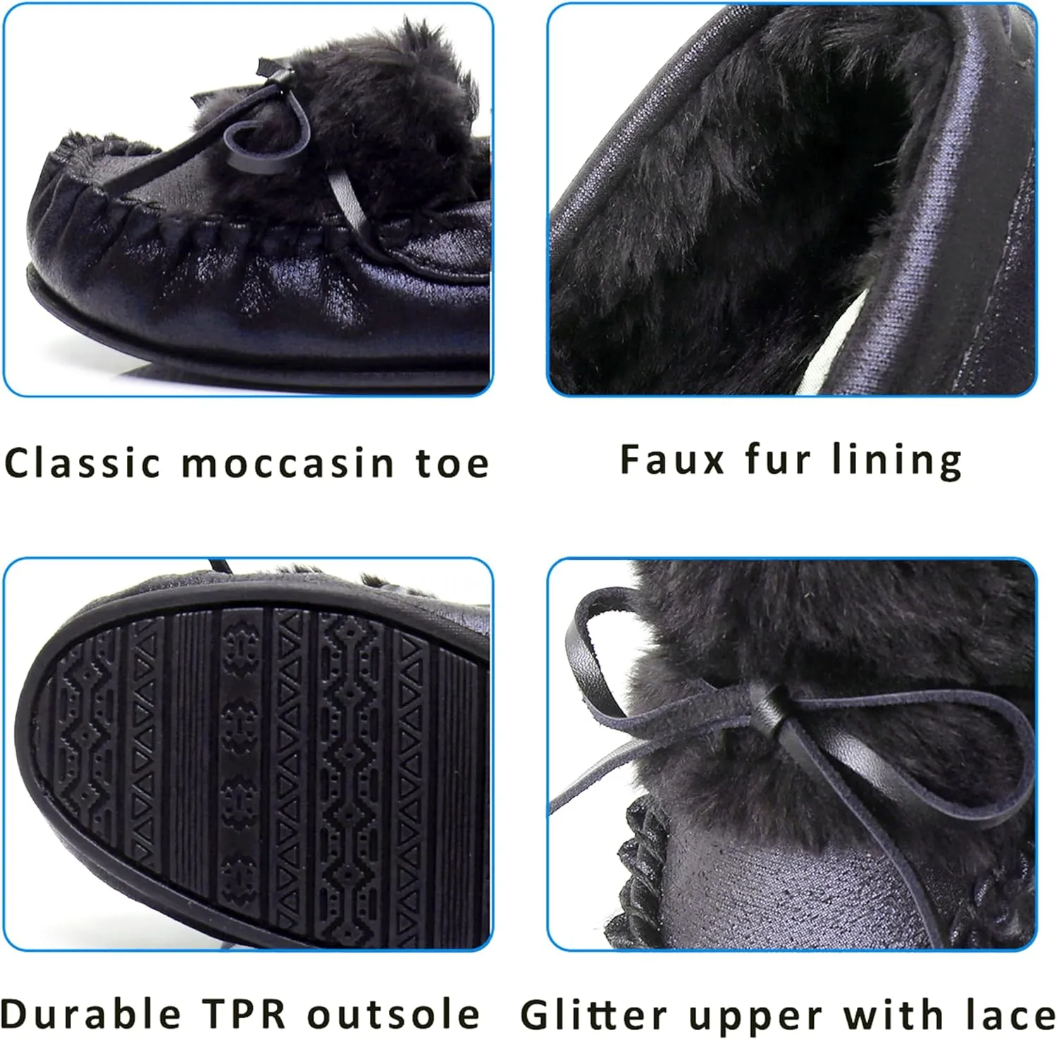 Women's Glitter Moccasin Slipper Faux Fur Lined Winter Slip On Loafer House Shoes