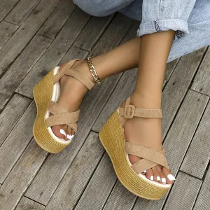 Womens Ladies Gladiator Platform Peep Toe High Heel Wedge Sandals Summer High Heel Sandals Espadrille Buckle Ankle Strap Beach Shoes,Brown,US11/EU42
