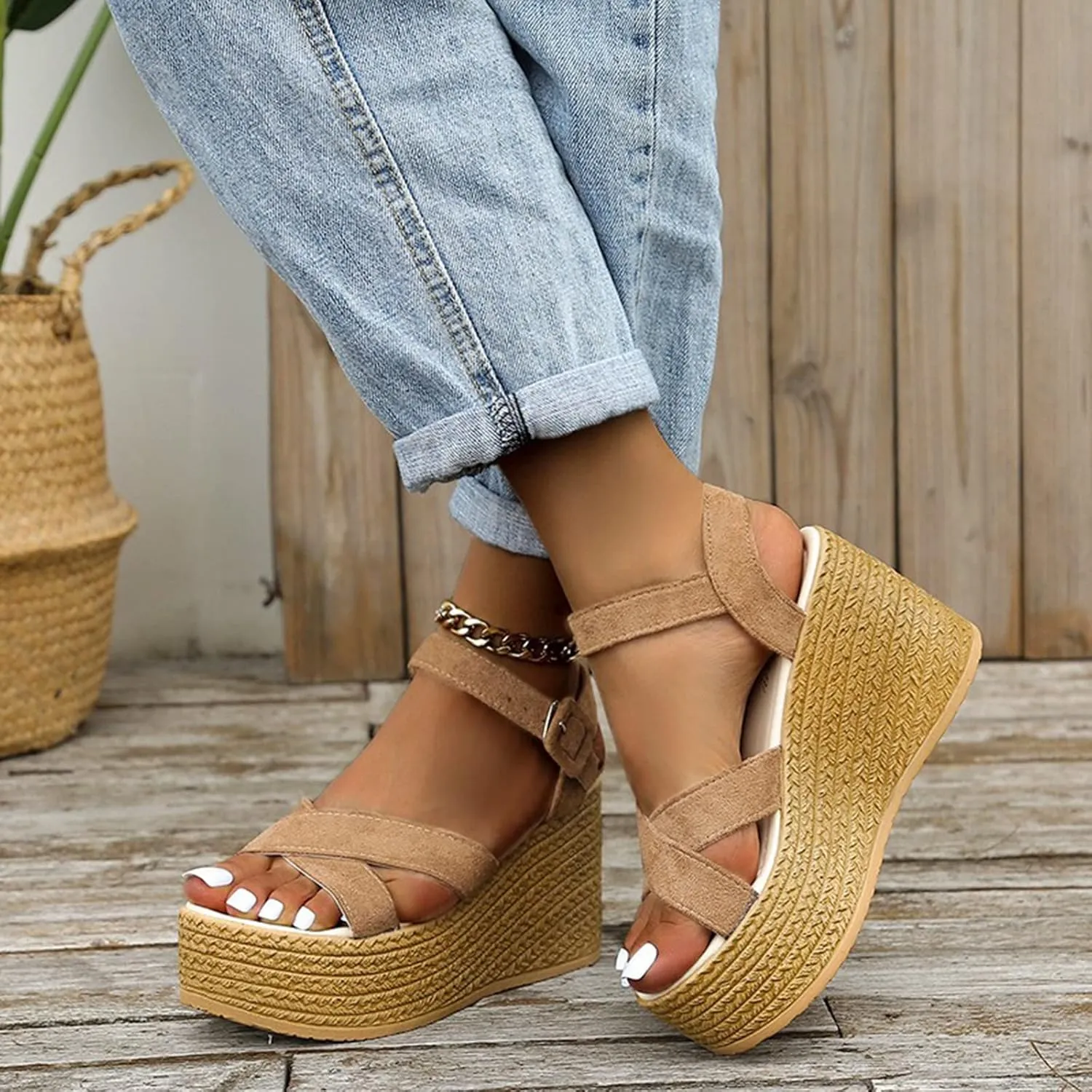 Womens Ladies Gladiator Platform Peep Toe High Heel Wedge Sandals Summer High Heel Sandals Espadrille Buckle Ankle Strap Beach Shoes,Brown,US11/EU42