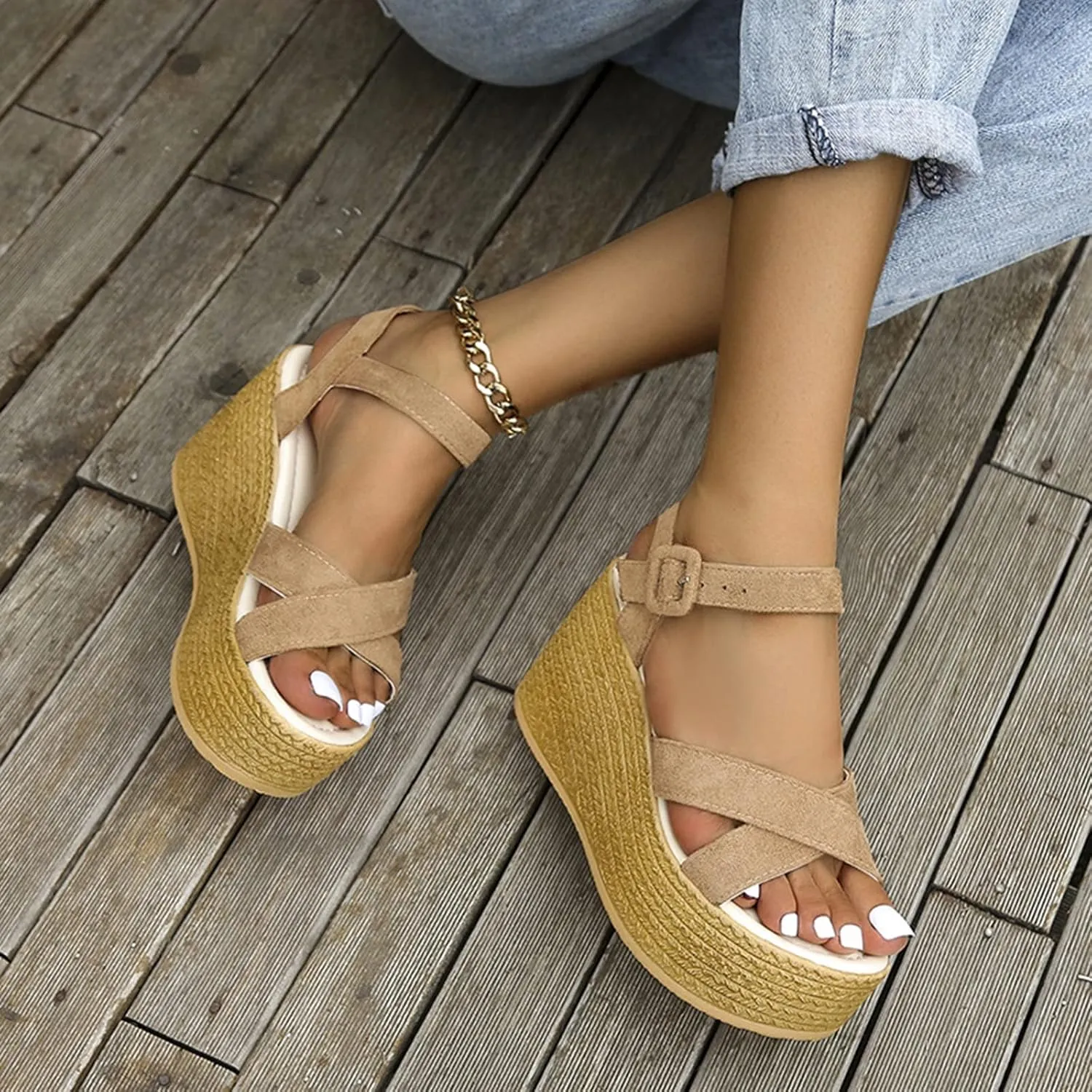 Womens Ladies Gladiator Platform Peep Toe High Heel Wedge Sandals Summer High Heel Sandals Espadrille Buckle Ankle Strap Beach Shoes,Brown,US11/EU42