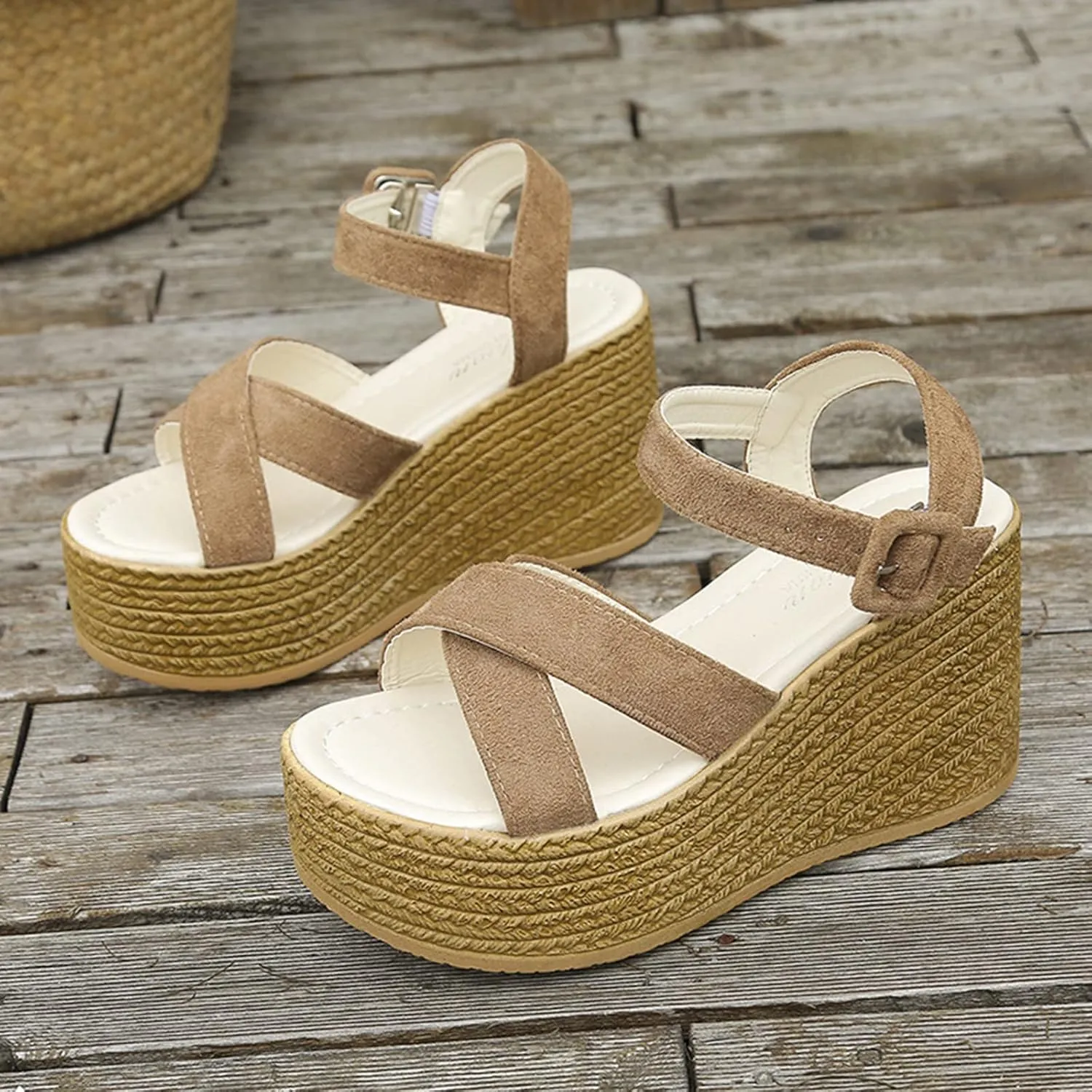 Womens Ladies Gladiator Platform Peep Toe High Heel Wedge Sandals Summer High Heel Sandals Espadrille Buckle Ankle Strap Beach Shoes,Brown,US11/EU42