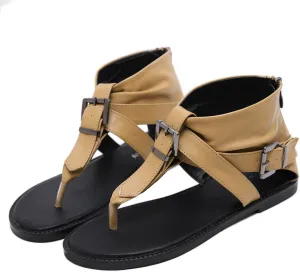 Women's Leather Flat T-Strap Roman Sandals with Back Zipper, Vintage Buckle Decoration Open Toe Non-Slip Gothic Sandals Casual Gladiator Y-2K Sandals
