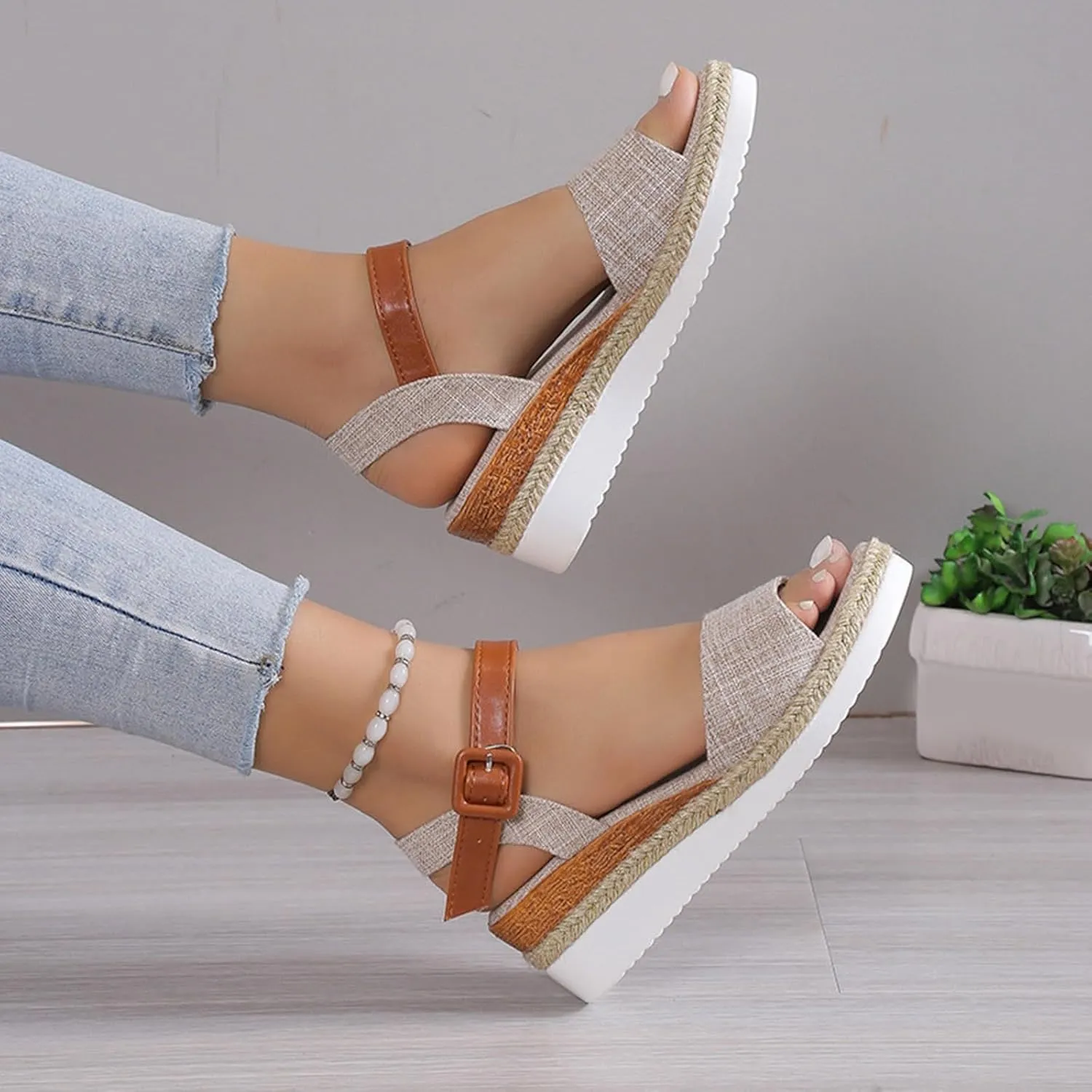 Women’s Linen Wedge Sandals – Open-Toe Espadrille Platform with Brown Leather Ankle Strap – Casual Summer Shoes for Outings & Daily Wear (Sizes 6–11)