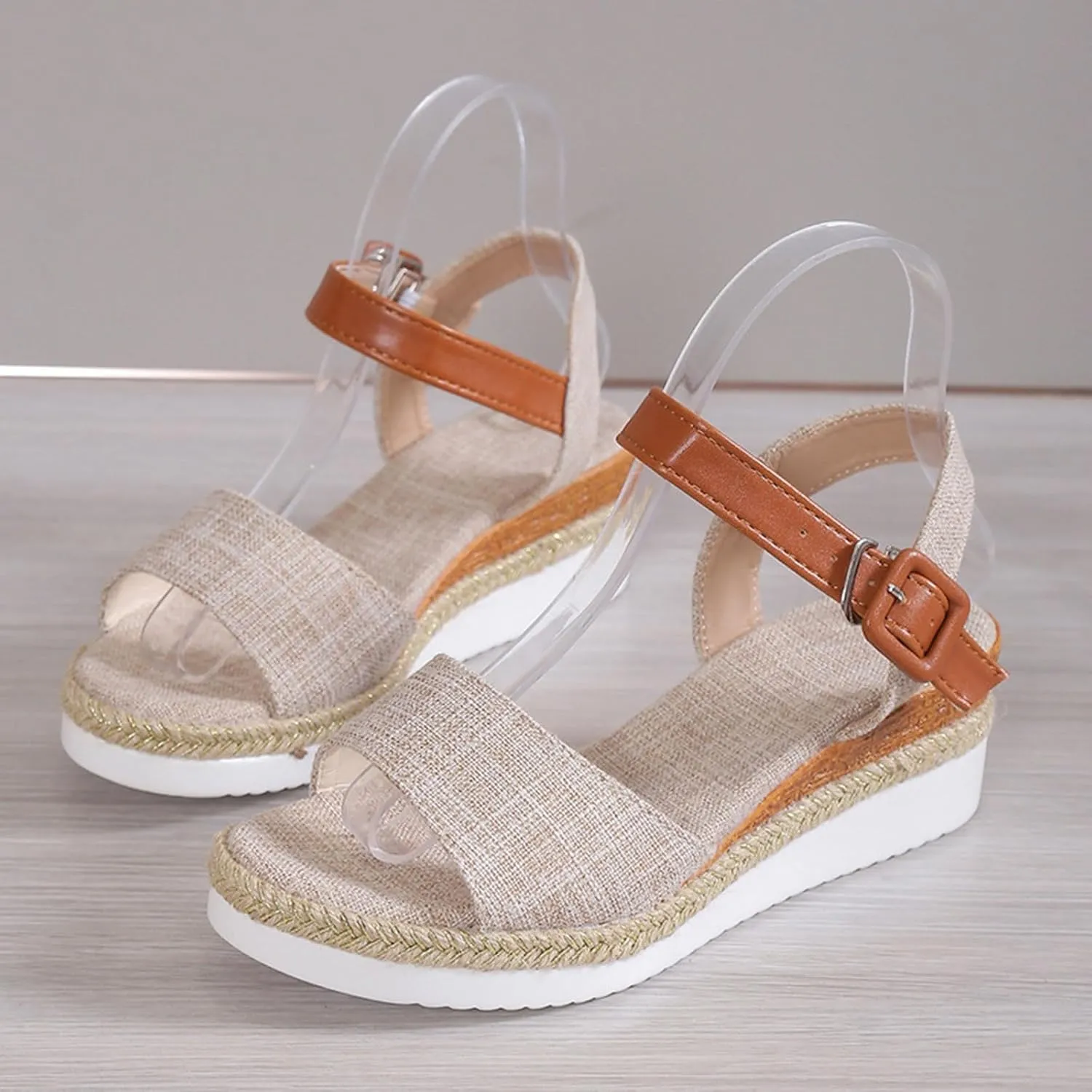 Women’s Linen Wedge Sandals – Open-Toe Espadrille Platform with Brown Leather Ankle Strap – Casual Summer Shoes for Outings & Daily Wear (Sizes 6–11)