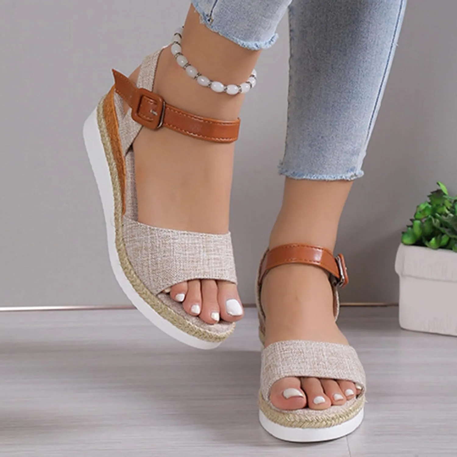 Women’s Linen Wedge Sandals – Open-Toe Espadrille Platform with Brown Leather Ankle Strap – Casual Summer Shoes for Outings & Daily Wear (Sizes 6–11)