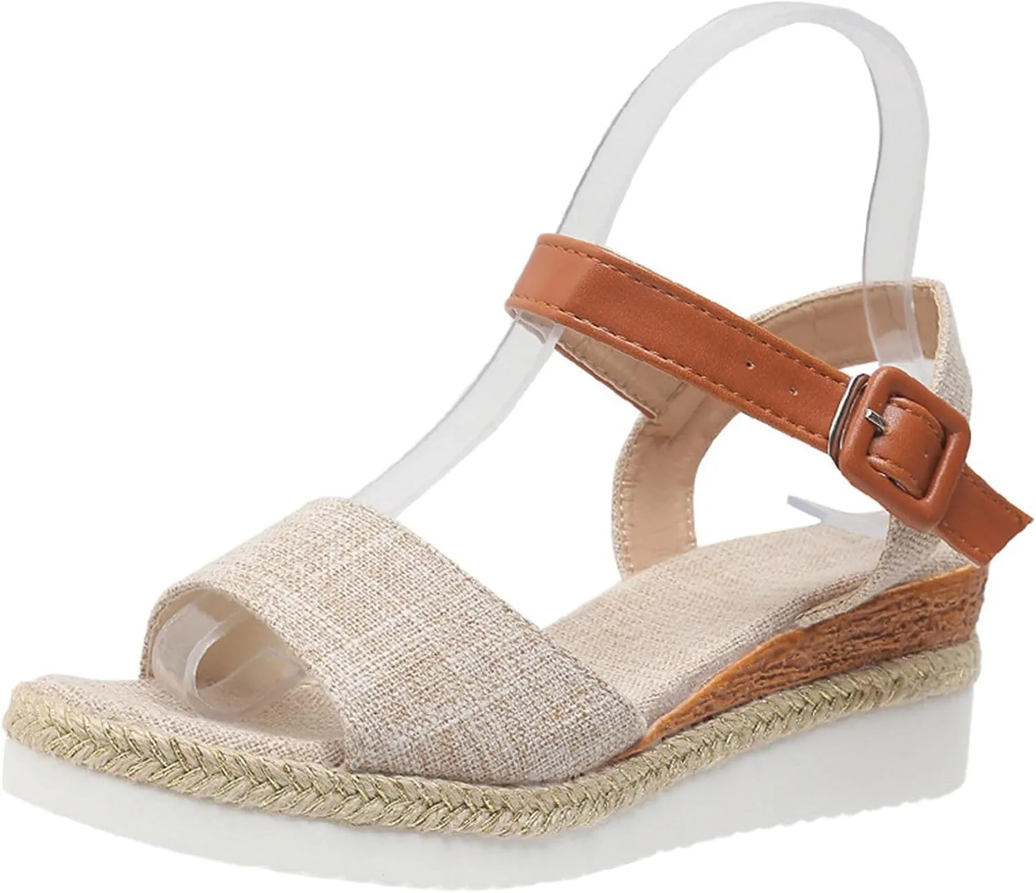 Women’s Linen Wedge Sandals – Open-Toe Espadrille Platform with Brown Leather Ankle Strap – Casual Summer Shoes for Outings & Daily Wear (Sizes 6–11)