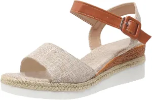 Women’s Linen Wedge Sandals – Open-Toe Espadrille Platform with Brown Leather Ankle Strap – Casual Summer Shoes for Outings & Daily Wear (Sizes 6–11)