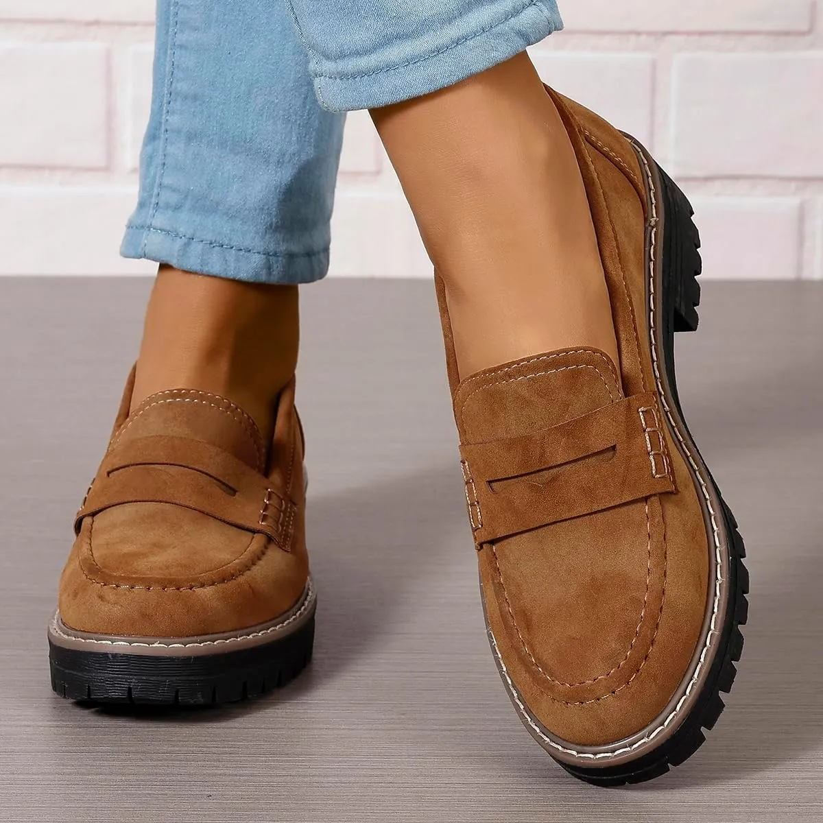 Womens Loafers Shoes Platform Chunky Penny Loafer Lug Sole Comfortable Slip On Work Office Business Casual Dress Shoes, US Size 5-11