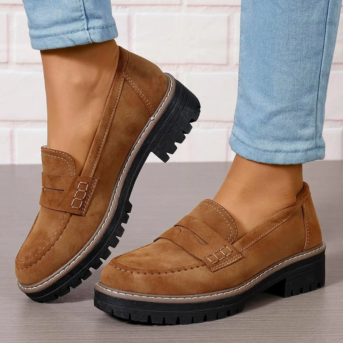 Womens Loafers Shoes Platform Chunky Penny Loafer Lug Sole Comfortable Slip On Work Office Business Casual Dress Shoes, US Size 5-11