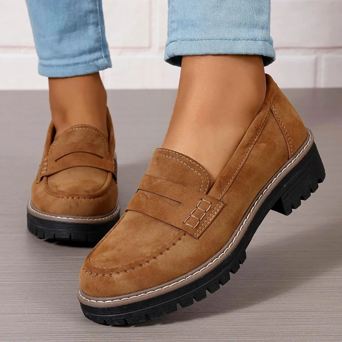 Womens Loafers Shoes Platform Chunky Penny Loafer Lug Sole Comfortable Slip On Work Office Business Casual Dress Shoes, US Size 5-11