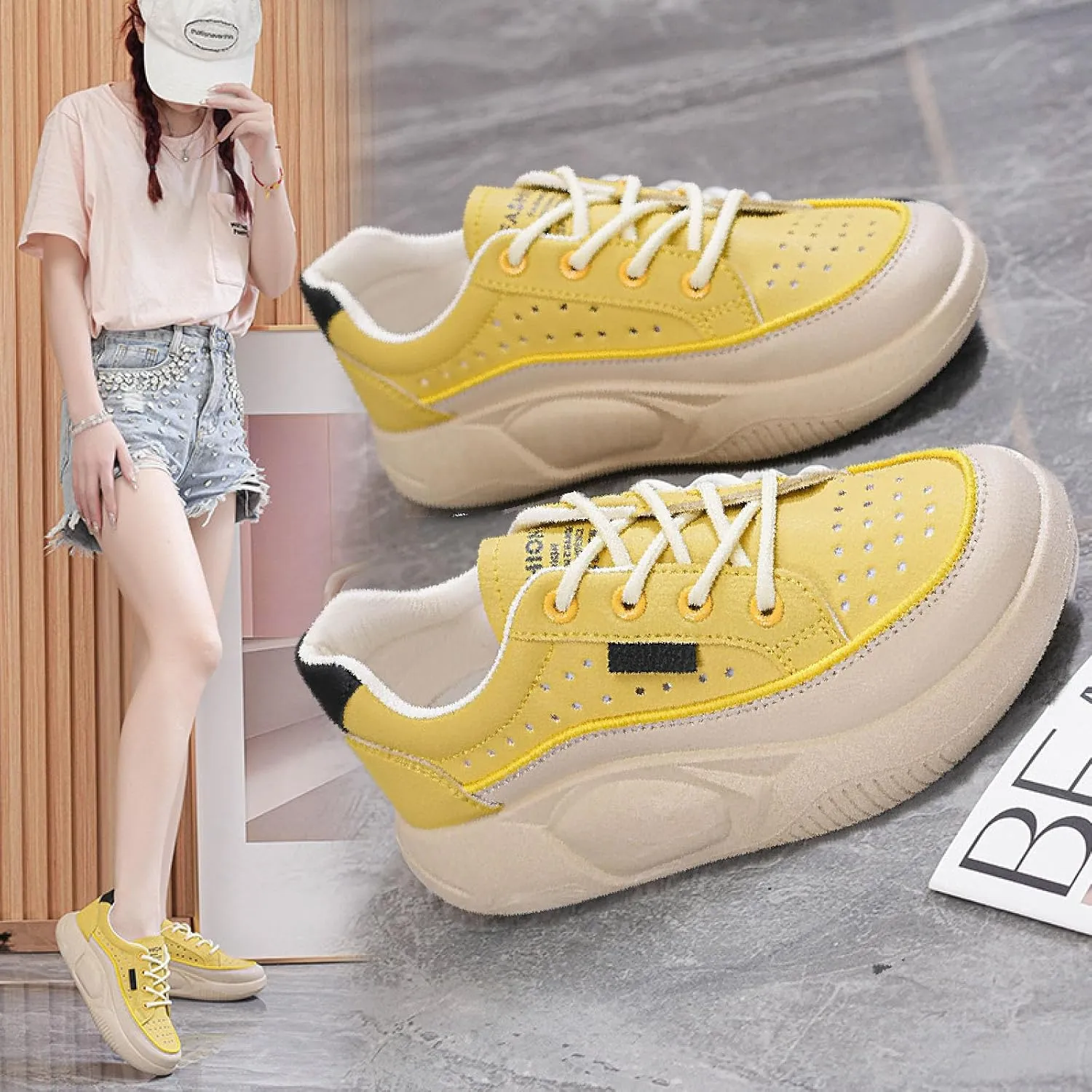 Womens Mesh Platform Lace Up Sneakers Fashion Comfortable Increase Height Soft Bottom Walking Tennis Shoes for Most Occasion Casual Shoes