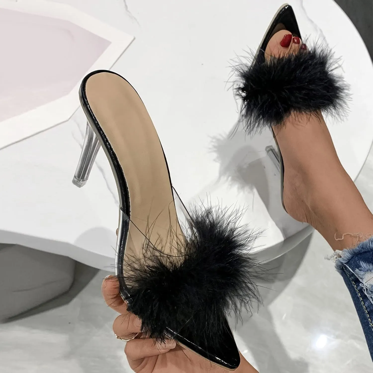 Women's Open Toe Fluffy Feather Stiletto Heels Slippers Dress Sandal Party Evening High Heel Slippers (Black, 7)