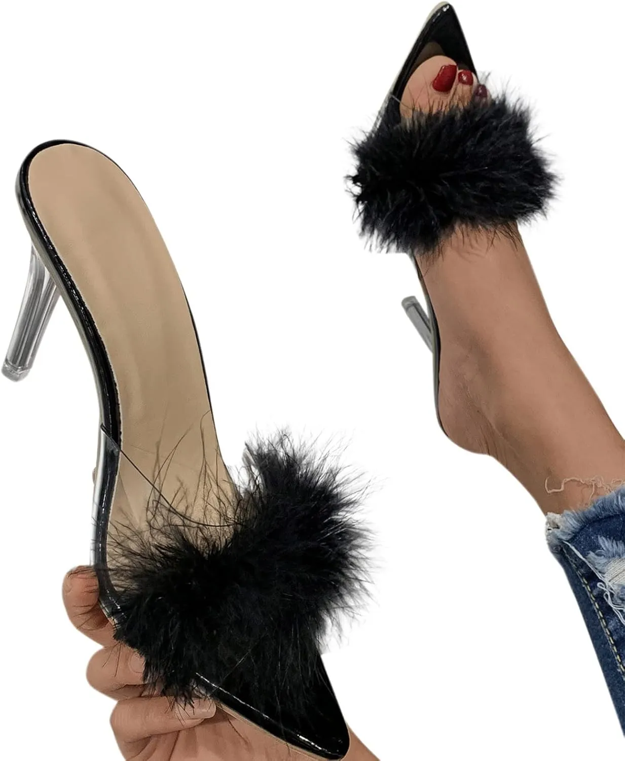 Women's Open Toe Fluffy Feather Stiletto Heels Slippers Dress Sandal Party Evening High Heel Slippers (Black, 7)