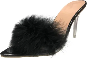 Women's Open Toe Fluffy Feather Stiletto Heels Slippers Dress Sandal Party Evening High Heel Slippers (Black, 7)