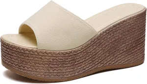 Women'S Open-Toe Platform Wedge Espadrille Slippers Summer Breathable Fish Mouth Slip-On Casual Wedge Sandals Fashionable Bohemian Beach Sandals