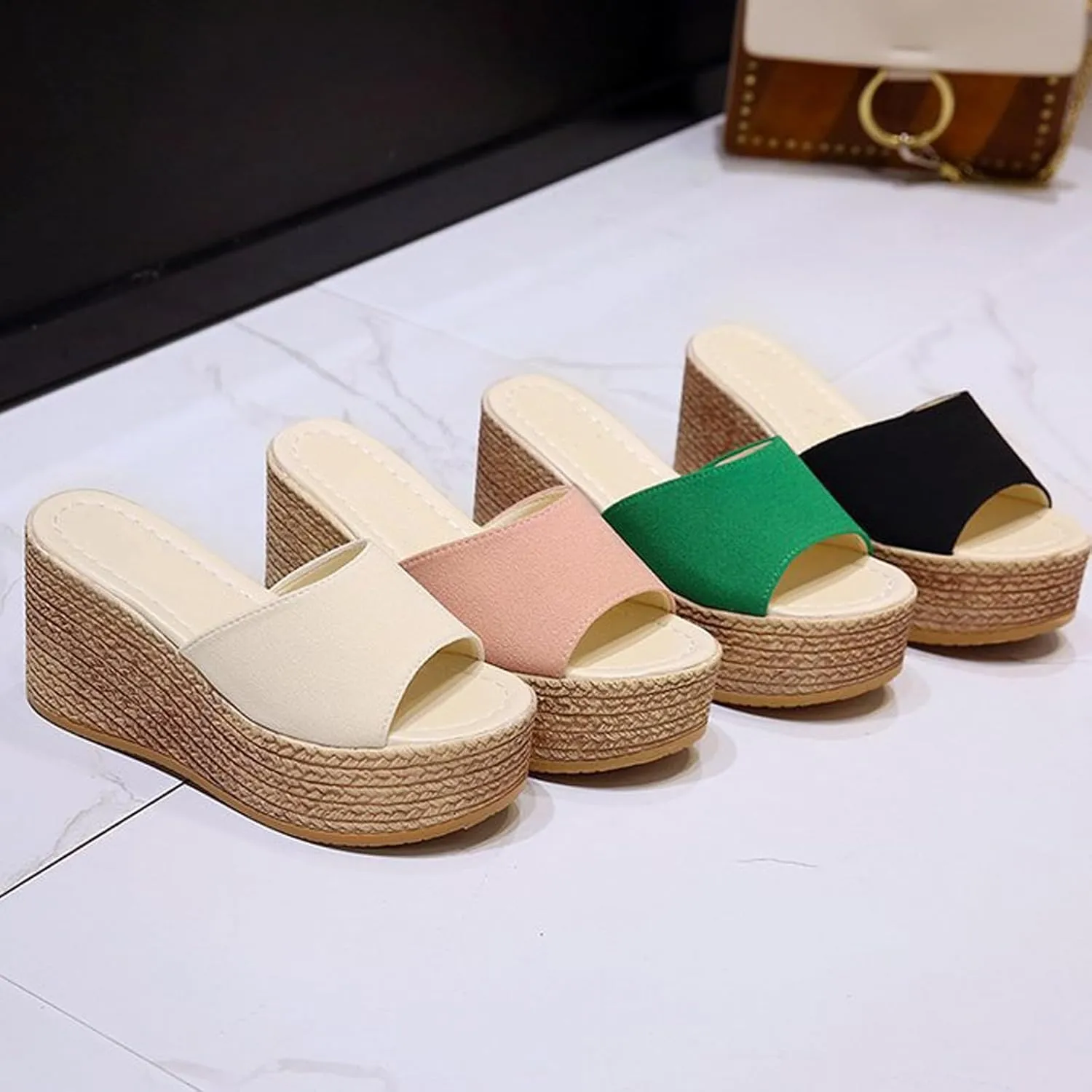 Women'S Open-Toe Platform Wedge Espadrille Slippers Summer Breathable Fish Mouth Slip-On Casual Wedge Sandals Fashionable Bohemian Beach Sandals
