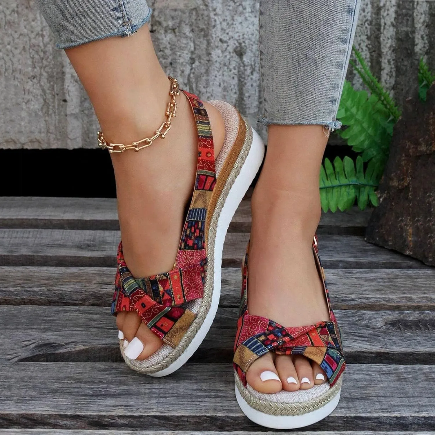 Women's Orthopedic Platform Sandals Summer Casual Bohemian Fashion Print 2025 Open Toe Hollow Out Slingback Sandals Non Slip Comfortable Slip On Walking Beach Sandals