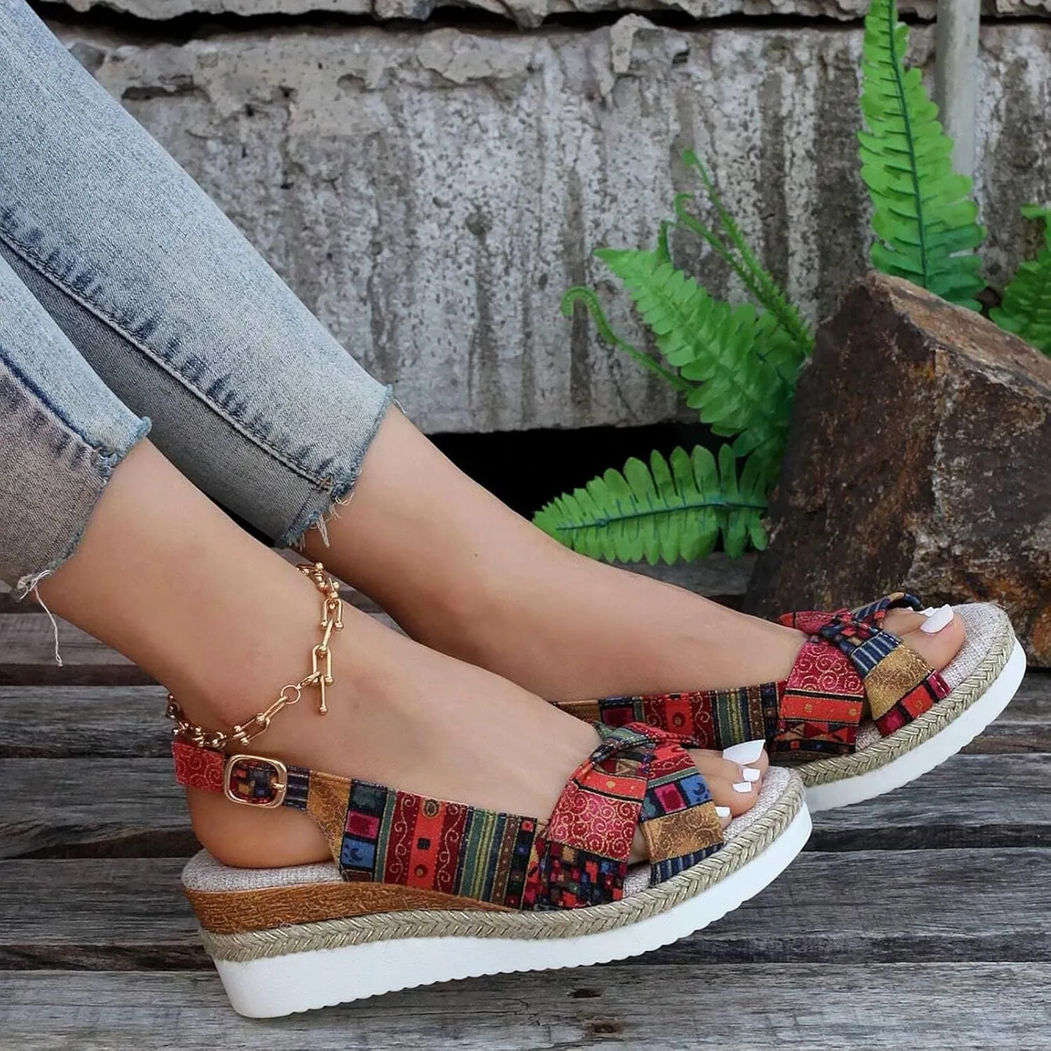Women's Orthopedic Platform Sandals Summer Casual Bohemian Fashion Print 2025 Open Toe Hollow Out Slingback Sandals Non Slip Comfortable Slip On Walking Beach Sandals
