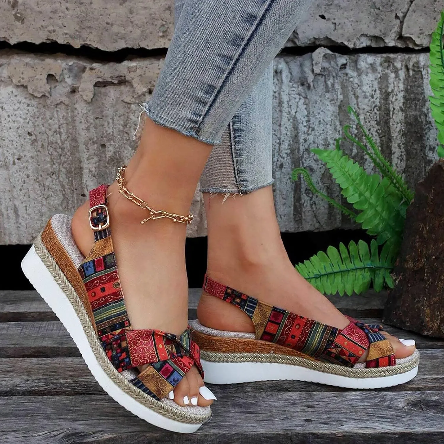 Women's Orthopedic Platform Sandals Summer Casual Bohemian Fashion Print 2025 Open Toe Hollow Out Slingback Sandals Non Slip Comfortable Slip On Walking Beach Sandals